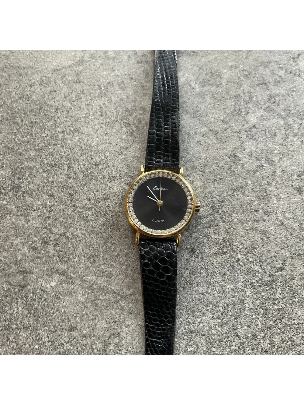 Vintage Eastman Women’s Watch 24mm Gold Tone Case Black Leather Band A12